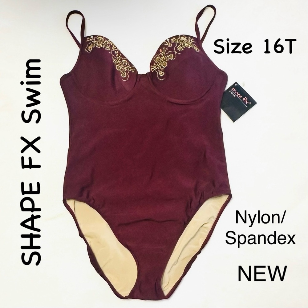 16T Swim Shape FX Burgundy Swimsuit sequins Beads Embroidered 🏖️